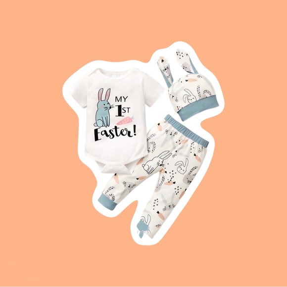 New Easter print rabbit romper three piece 2 colors - Picture 2 of 4